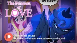 Size: 1000x556 | Tagged: safe, artist:lummh, artist:regendary, derpibooru import, princess cadance, princess luna, alicorn, pony, comic:the princess of love, ethereal mane, female, image, jewelry, mare, patreon, patreon logo, png, regalia, speech bubble