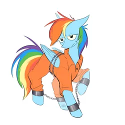 Size: 2000x2000 | Tagged: safe, artist:imd00g, derpibooru import, rainbow dash, bound wings, clothes, commission, cuffs, image, never doubt rainbowdash69's involvement, png, prison outfit, prisoner, prisoner rd, simple background, solo, white background, wings
