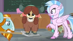 Size: 1920x1080 | Tagged: safe, derpibooru import, screencap, rockhoof, silverstream, yona, classical hippogriff, earth pony, hippogriff, pony, yak, a rockhoof and a hard place, season 8, spoiler:s08, 1080p, cute, female, image, male, png, rockhoof's shovel, shovel, smiling, stallion, trio, varying degrees of want, yonadorable