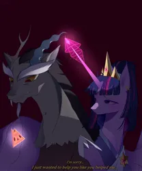 Size: 1993x2400 | Tagged: safe, artist:clefficia, derpibooru import, editor:zcord, discord, princess twilight 2.0, twilight sparkle, twilight sparkle (alicorn), alicorn, the ending of the end, the last problem, twilight's kingdom, commission, crown, horn, image, instagram, jewelry, jpeg, medallion, older, older twilight, regalia, spread wings, story included, teary eyes, wings