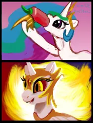Size: 1040x1374 | Tagged: safe, artist:xbi, derpibooru import, daybreaker, princess celestia, alicorn, pony, a royal problem, 30 minute art challenge, fire, food, hoof hold, hoof shoes, hot pepper, image, jewelry, jpeg, pepper, red peppers, swallowing, throat bulge, tiara