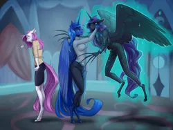 Size: 3000x2252 | Tagged: safe, derpibooru import, fleur-de-lis, nightmare moon, princess luna, alicorn, anthro, unguligrade anthro, unicorn, fall of equestria, aftermath, angry, fear, female, floppy ears, glow, glowing horn, horn, image, luna's room, magic, mother and child, mother and daughter, png, rise of equestria, scared, shivering, telekinesis, trio