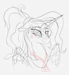 Size: 3776x4120 | Tagged: source needed, useless source url, safe, artist:to_fat_to_fly, princess luna, alicorn, pony, alternate hairstyle, blushing, bust, eye clipping through hair, female, horn, image, jewelry, mare, necklace, png, ponytail, portrait, sketch, smiling, solo, wings