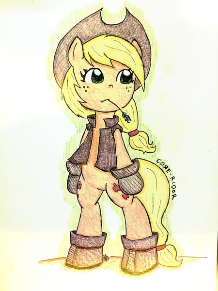 Size: 1966x2622 | Tagged: safe, artist:core-ridor, derpibooru import, applejack, earth pony, pony, bipedal, boots, clothes, image, jpeg, shoes, solo, straw in mouth, traditional art, vest