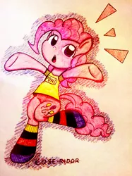 Size: 1823x2431 | Tagged: safe, artist:core-ridor, derpibooru import, pinkie pie, earth pony, pony, bipedal, clothes, image, jpeg, open mouth, running, shirt, socks, solo, striped socks, t-shirt, traditional art