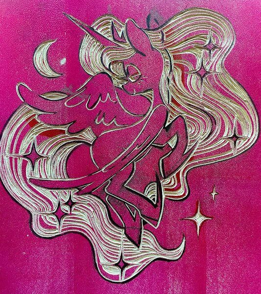 Size: 1818x2048 | Tagged: safe, artist:dawnfire, princess luna, alicorn, pony, crescent moon, crown, female, horn, image, jewelry, jpeg, lidded eyes, linocut, mare, moon, regalia, solo, sparkles, spread wings, traditional art, wings