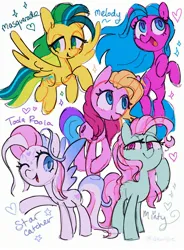 Size: 2011x2732 | Tagged: safe, artist:dawnfire, masquerade (g1), melody, minty, star catcher, toola roola, earth pony, pegasus, pony, female, flying, g1 to g4, generation leap, heart, image, jpeg, looking at you, mare, one eye closed, open mouth, simple background, sparkles, spread wings, white background, wings, wink