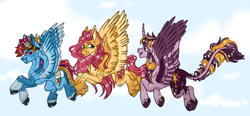 Size: 1280x595 | Tagged: safe, artist:gowguo, fluttershy, rainbow dash, twilight sparkle, alicorn, pegasus, pony, alternate cutie mark, alternate design, coat markings, colored hooves, female, flying, goggles, goggles on head, image, looking at each other, mare, open mouth, png, sky background, smiling, spread wings, trio, trio female, twitterina design, unshorn fetlocks, wings