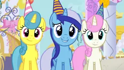 Size: 1920x1080 | Tagged: safe, derpibooru import, screencap, lemon hearts, minuette, twinkleshine, pony, unicorn, amending fences, season 5, 1080p, female, hat, image, implied moondancer, mare, party hat, png, smiling, trio, trio female, trio unicorn