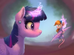 Size: 2000x1500 | Tagged: safe, artist:gor1ck, derpibooru import, twilight sparkle, twilight sparkle (alicorn), alicorn, mouse, pony, chip and dale rescue rangers, crossover, duo, ear piercing, earring, feather, female, gadget, gadget hackwrench, image, jewelry, jpeg, levitation, looking at each other, looking at someone, magic, mare, piercing, telekinesis