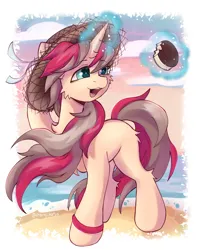 Size: 2680x3308 | Tagged: safe, artist:cherry_kotya, derpibooru import, oc, oc:dashka bun, unofficial characters only, pony, unicorn, beach, cloud, cookie, food, glow, glowing horn, horn, image, ocean, oreo, png, solo, water