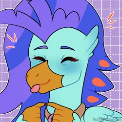 Size: 1280x1280 | Tagged: safe, alternate version, artist:saltytangerine, derpibooru import, oc, oc:sea lilly, unofficial characters only, classical hippogriff, hippogriff, :p, alternate character, blush sticker, blushing, cute, fingers interlocked, image, jewelry, necklace, ocbetes, png, tongue out