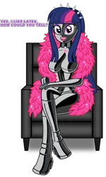 Size: 3167x5272 | Tagged: suggestive, artist:severity-gray, derpibooru import, twilight sparkle, human, equestria girls, armchair, bdsm, bondage, boots, breasts, chair, choker, clothes, collar, feather boa, gloves, hairband, hood, human coloration, image, latex, latex boots, latex gloves, latex suit, looking at you, mask, open mouth, open smile, png, shoes, smiling, solo, spiked headband, talking, talking to viewer