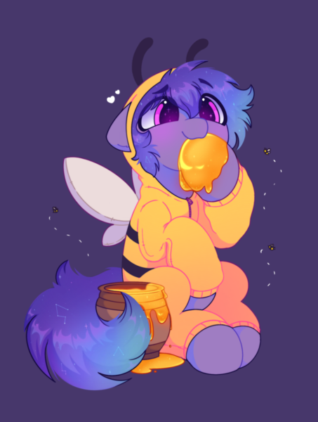 Size: 1485x1967 | Tagged: safe, artist:flixanoa, derpibooru import, oc, oc:stargazermap, unofficial characters only, bee, insect, pegasus, pony, animal costume, antennae, bee costume, clothes, costume, cute, ethereal mane, food, heart, honey, hoodie, hoof licking, image, licking, looking up, male, pegasus oc, png, pot, purple background, simple background, solo, solo male, starry eyes, starry mane, tongue out, wingding eyes, wings, zipper