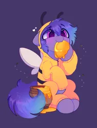 Size: 1485x1967 | Tagged: safe, artist:flixanoa, derpibooru import, oc, oc:stargazermap, unofficial characters only, bee, insect, pegasus, pony, animal costume, antennae, bee costume, clothes, costume, cute, ethereal mane, food, heart, honey, hoodie, hoof licking, image, licking, looking up, male, pegasus oc, png, pot, purple background, simple background, solo, solo male, starry eyes, starry mane, tongue out, wingding eyes, wings, zipper