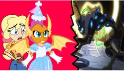 Size: 1536x887 | Tagged: safe, artist:darlycatmake, derpibooru import, megan williams, smolder, dragon, angry, beast, clothes, cute, defending, dragon wings, dragoness, dress, female, froufrou glittery lacy outfit, glare, gloves, gritted teeth, hat, hennin, image, jpeg, long gloves, mama bear, princess, princess smolder, protecting, ready to fight, scared, smolderbetes, spread wings, story included, surprised, teeth, wings, worried