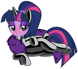 Size: 5162x4555 | Tagged: suggestive, artist:severity-gray, derpibooru import, twilight sparkle, twilight sparkle (alicorn), alicorn, pony, alternate hairstyle, bedroom eyes, belly, belly button, blushing, bound wings, choker, collar, eyeshadow, feather boa, grin, hood, image, latex, latex suit, looking at you, lying down, makeup, png, side, simple background, smiling, solo, transparent background, wings