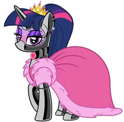 Size: 4618x4518 | Tagged: safe, alternate version, artist:severity-gray, derpibooru import, twilight sparkle, twilight sparkle (alicorn), alicorn, pony, alternate hairstyle, blushing, choker, clothes, coat, crown, dress, ear piercing, eyeshadow, face mask, fur, gala dress, gloves, image, jewelry, latex, latex boots, latex gloves, latex mask, latex socks, latex suit, lipstick, makeup, mask, piercing, png, ponytail, regalia, simple background, socks, solo, transparent background