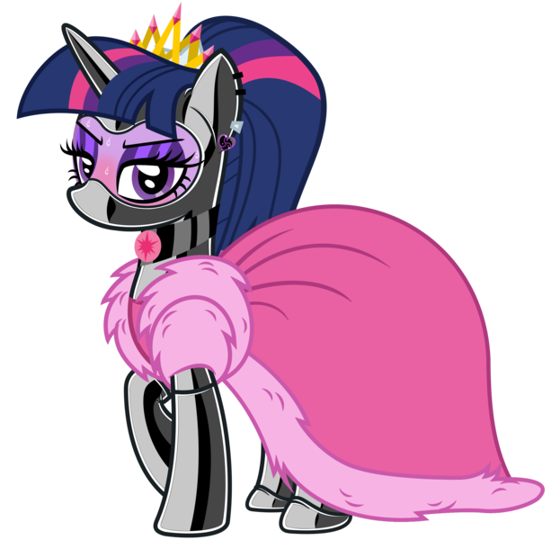 Size: 4618x4518 | Tagged: safe, alternate version, artist:severity-gray, derpibooru import, twilight sparkle, twilight sparkle (alicorn), alicorn, pony, alternate hairstyle, angry, blushing, choker, clothes, coat, crown, dress, ear piercing, eyeshadow, fur, gala dress, gloves, image, jewelry, latex, latex boots, latex gloves, latex socks, lipstick, looking at you, makeup, piercing, png, ponytail, regalia, socks, solo, sweat, sweating profusely