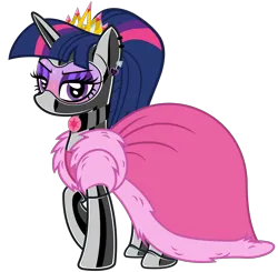 Size: 4618x4518 | Tagged: safe, alternate version, artist:severity-gray, derpibooru import, twilight sparkle, twilight sparkle (alicorn), alicorn, pony, alternate hairstyle, angry, blushing, choker, clothes, coat, crown, dress, ear piercing, eyeshadow, fur, gala dress, gloves, image, jewelry, latex, latex boots, latex gloves, latex socks, lipstick, looking at you, makeup, piercing, png, ponytail, regalia, socks, solo, sweat, sweating profusely