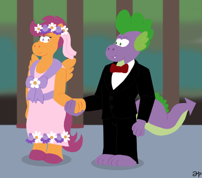 Size: 1280x1131 | Tagged: safe, artist:rotgriff, derpibooru import, scootaloo, spike, anthro, digitigrade anthro, dragon, pegasus, unguligrade anthro, clothes, dress, duo, female, holding hands, image, male, png, requested art, scootaspike, shipping, straight, tuxedo