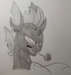 Size: 2415x2568 | Tagged: safe, artist:princess amity, derpibooru import, oc, oc:identity crisis, unofficial characters only, changeling, bust, changeling oc, cigarette, derpibooru exclusive, fangs, grayscale, grin, image, monochrome, pencil drawing, png, portrait, sharp teeth, simple background, smiling, smoke, smoking, solo, teeth, traditional art