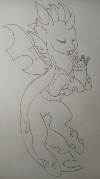 Size: 1812x3232 | Tagged: safe, artist:princess amity, derpibooru import, oc, oc:identity crisis, unofficial characters only, changeling, changeling oc, cup, derpibooru exclusive, eyes closed, fangs, food, hoof hold, ice cream, image, monochrome, pencil drawing, png, simple background, solo, straw, traditional art