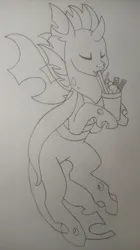 Size: 1812x3232 | Tagged: safe, artist:princess amity, derpibooru import, oc, oc:identity crisis, unofficial characters only, changeling, changeling oc, cup, derpibooru exclusive, eyes closed, fangs, food, hoof hold, ice cream, image, monochrome, pencil drawing, png, simple background, solo, straw, traditional art