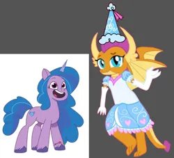 Size: 1383x1254 | Tagged: safe, artist:darlycatmake, derpibooru import, izzy moonbow, smolder, my little pony: tell your tale, clothes, crossover, cute, dress, froufrou glittery lacy outfit, g5, gloves, happy, hat, hennin, image, izzybetes, jpeg, long gloves, princess, princess smolder, smiling, smolderbetes