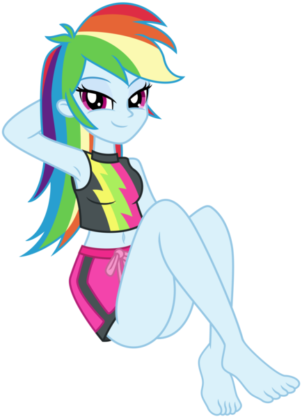 Size: 5184x7168 | Tagged: safe, artist:emeraldblast63, derpibooru import, rainbow dash, equestria girls, equestria girls series, forgotten friendship, absurd resolution, armpits, barefoot, bedroom eyes, belly button, bikini, breasts, cleavage, clothes, eyebrows, eyeshadow, feet, female, fixed, image, looking at you, makeup, png, sexy, simple background, sitting, solo, swimsuit, transparent background, trunks