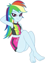 Size: 5184x7168 | Tagged: safe, artist:emeraldblast63, derpibooru import, rainbow dash, equestria girls, equestria girls series, forgotten friendship, absurd resolution, armpits, barefoot, bedroom eyes, belly button, bikini, breasts, cleavage, clothes, eyebrows, eyeshadow, feet, female, fixed, image, looking at you, makeup, png, sexy, simple background, sitting, solo, swimsuit, transparent background, trunks