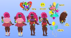 Size: 800x432 | Tagged: safe, alternate version, artist:windywendy29, derpibooru import, pinkie pie, human, alternate hairstyle, barefoot, belly button, blue background, bra, bracelet, chubby, clothes, commission, cutie mark tattoo, dark skin, ear piercing, earring, feet, female, humanized, image, jewelry, necklace, panties, piercing, png, purple underwear, red underwear, reference sheet, shirt, shoes, simple background, skirt, sneakers, solo, t-shirt, tattoo, transparent background, underwear