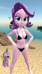 Size: 1080x1920 | Tagged: suggestive, artist:oatmeal!, derpibooru import, spike, starlight glimmer, dog, human, equestria girls, 3d, beach, belly button, bikini, breasts, clothes, female, gmod, hand on hip, hat, heart, heart eyes, humanized, image, looking at you, male, ocean, png, sexy, shipping, solo, sparlight, spike the dog, spread legs, spreading, straight, swimsuit, water, wingding eyes