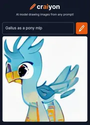 Size: 713x985 | Tagged: safe, craiyon, dall·e mini, derpibooru import, machine learning generated, gallus, ponified, gryphon, pony, fusion, image, machine learning abomination, not salmon, png, simple background, solo, text, wat, what has science done, white background