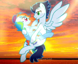 Size: 1203x997 | Tagged: safe, artist:hugsartist, derpibooru import, rainbow dash, soarin', pony, alternate hairstyle, backwards cutie mark, female, flying, holding a pony, image, looking at each other, looking at someone, male, png, shipping, soarindash, straight, sunset