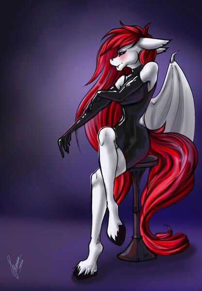 Size: 820x1180 | Tagged: safe, alternate version, artist:stirren, derpibooru import, oc, anthro, bat pony, bat pony oc, bat wings, clothes, commission, female, gloves, image, jpeg, latex, latex dress, latex gloves, latex socks, pinup, pose, sitting, socks, stool, wings, ych result, your character here