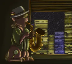 Size: 1024x911 | Tagged: safe, artist:sunflareworks, derpibooru import, oc, oc:phillip finder, fanfic:ponyville noire, city, cityscape, clothes, ear piercing, earring, eyes closed, hat, image, jewelry, jpeg, music, musical instrument, night, piercing, rain, ring, saxophone, trilby, vest, wedding ring