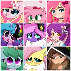 Size: 2048x2048 | Tagged: safe, artist:kittyrosie, derpibooru import, part of a set, fluttershy, izzy moonbow, oc, oc:kazumi, oc:rosa flame, unofficial characters only, eevee, human, pony, unicorn, :p, abstract background, amy rose, blushing, bow, clothes, collar, colored hooves, colored pupils, cute, d.va, daaaaaaaaaaaw, drop shadow, female, floppy ears, g5, gradient background, hair bow, hand, head pat, headphones, heart, heart eyes, high res, hooves together, horn, image, izzybetes, jpeg, looking at you, looking up, mare, nintendo switch, not a penis, ocbetes, offscreen character, open mouth, overwatch, pat, paw pads, petting, pokefied, pokémon, purple background, shy, shyabetes, silly, silly pony, simple background, sitting, smiling, socks, solo, solo focus, sonic the hedgehog (series), striped socks, tongue out, unicorn oc, wall of tags, weapons-grade cute, whisker markings, wingding eyes