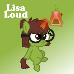 Size: 500x500 | Tagged: safe, artist:nicolettebelle, artist:pastel-pocky, derpibooru import, ponified, pony, unicorn, base used, bubble, female, filly, flask, foal, frown, glasses, green background, horn, image, lisa loud, magic, png, potion, simple background, sitting, sparkles, text, the loud house, unamused