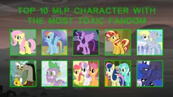 Size: 1920x1079 | Tagged: safe, artist:smhungary, derpibooru import, edit, edited screencap, screencap, apple bloom, berry punch, berryshine, bon bon, cloud kicker, derpy hooves, discord, fluttershy, lyra heartstrings, princess luna, rainbow dash, scootaloo, sunset shimmer, sweetie belle, sweetie drops, twilight sparkle, alicorn, draconequus, dragon, earth pony, pegasus, pony, unicorn, the cutie re-mark, alternate timeline, apple bloom's bow, ashlands timeline, barren, bow, crown, cutie mark crusaders, female, flying, hair bow, horn, image, implied genocide, jewelry, male, mare, moon, multicolored hair, png, post-apocalyptic, rainbow hair, regalia, sitting, smiling, spread wings, text, top 10, wasteland, wings