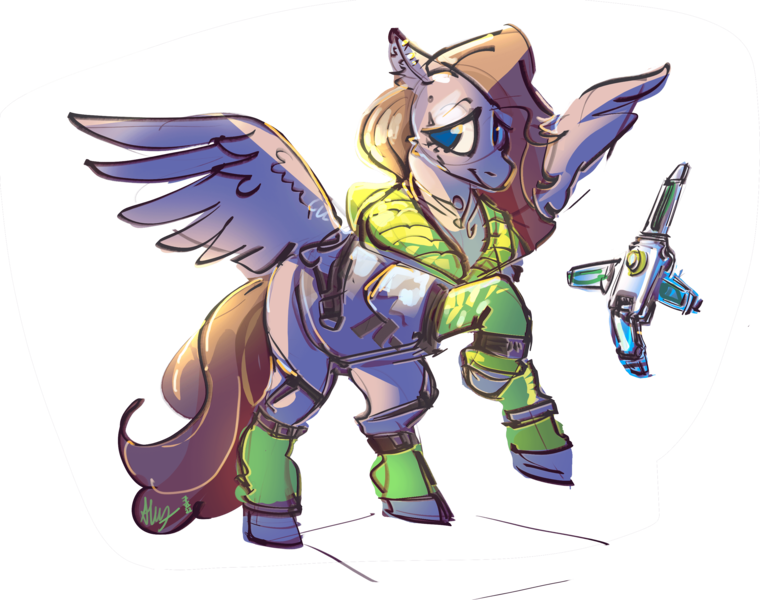 Size: 2995x2364 | Tagged: safe, artist:alumx, derpibooru import, oc, oc:somber gale, unofficial characters only, pegasus, pony, apex legends, blue eyes, clothes, drone, female, high res, image, jacket, lidded eyes, looking at you, mare, pegasus oc, piercing, png, rearing, simple background, sketch, smiling, smiling at you, solo, spread wings, transparent background, white background, wings