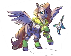 Size: 2995x2364 | Tagged: safe, artist:alumx, derpibooru import, oc, oc:somber gale, unofficial characters only, pegasus, pony, apex legends, blue eyes, clothes, drone, female, high res, image, jacket, lidded eyes, looking at you, mare, pegasus oc, piercing, png, rearing, simple background, sketch, smiling, smiling at you, solo, spread wings, transparent background, white background, wings