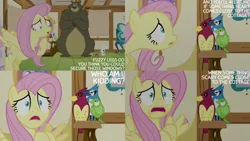 Size: 4400x2475 | Tagged: safe, derpibooru import, edit, edited screencap, editor:quoterific, screencap, angel bunny, fluttershy, harry, bear, pegasus, pony, rabbit, scare master, season 5, animal, female, fluttershy's cottage, flying, image, male, mare, open mouth, png, shrunken pupils, spread wings, text, wings