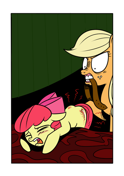 Size: 900x1271 | Tagged: suggestive, artist:catfood-mcfly, derpibooru import, edit, apple bloom, applejack, earth pony, pony, /mlp/, abuse, angry, applebuse, applejack is a spankaholic, belt, blushing, carrie, dubs comix, female, filly, foal, image, mare, png, punishment, spanking, whipping, wtf