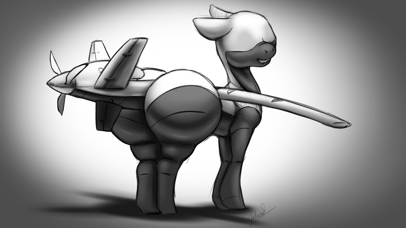 Size: 2560x1440 | Tagged: questionable, artist:tracerpainter, derpibooru import, derpy hooves, oc, oc:droner, original species, plane pony, pony, bubble butt, butt, drone, image, large butt, military grade equipment, plane, png, smiling