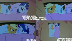 Size: 4400x2475 | Tagged: safe, derpibooru import, edit, edited screencap, editor:quoterific, screencap, applejack, rarity, earth pony, pony, unicorn, look before you sleep, season 1, bed, blanket, duo, duo female, female, floppy ears, golden oaks library, image, library, mare, open mouth, pillow, png, text