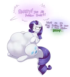 Size: 1800x1964 | Tagged: suggestive, artist:augustbebel, artist:rusticpony, edit, rainbow dash, rarity, pony, unicorn, burp, caught, dialogue, female, image, implied twilight sparkle, lying, mare, offscreen character, png, preydash, raripred, soft vore, solo, vore