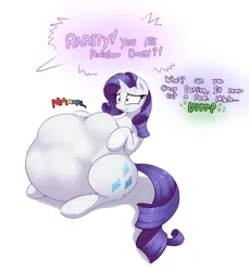 Size: 1800x1964 | Tagged: suggestive, artist:augustbebel, artist:rusticpony, edit, rainbow dash, rarity, pony, unicorn, burp, caught, dialogue, female, image, implied twilight sparkle, lying, mare, offscreen character, png, preydash, raripred, soft vore, solo, vore