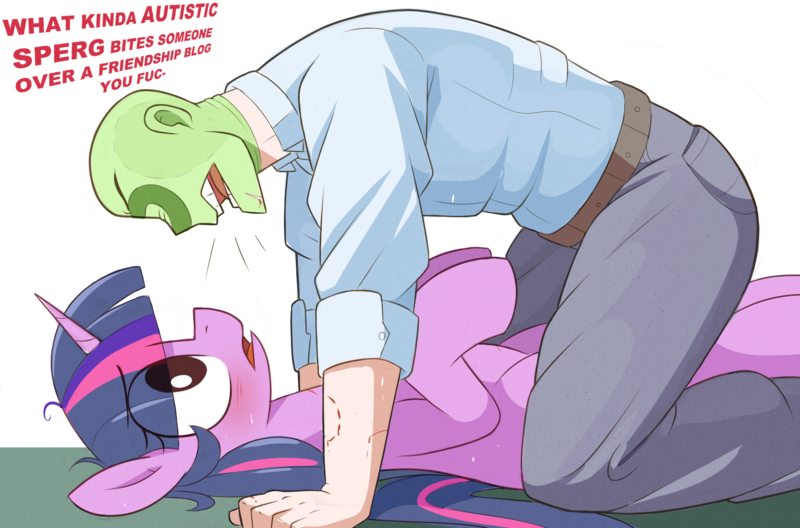 Size: 1847x1218 | Tagged: safe, artist:nignogs, ponybooru import, twilight sparkle, oc, oc:anon, human, pony, unicorn, /mlp/, 4chan, angry, autism, autistic screeching, blood, blushing, clothes, domination, female, image, male, mare, open mouth, png, reversed gender roles equestria, reversed gender roles equestria general, scared, talking