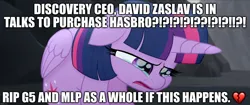 Size: 1920x808 | Tagged: safe, derpibooru import, twilight sparkle, twilight sparkle (alicorn), alicorn, my little pony: the movie, cancellation, caption, crying, david zaslav, discovery, hasbro, image, image macro, jpeg, rumor, sad, solo, text